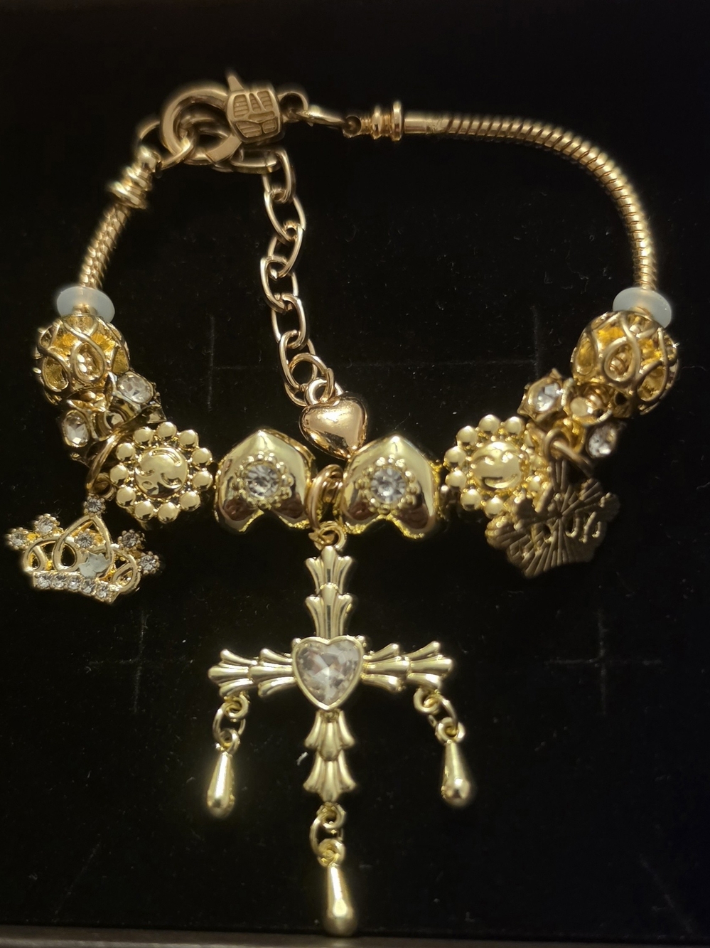 Gold Heart Cross Charm Bracelet with Crystal Accents